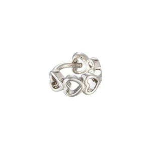 Minimalist silver openwork heart hoop earring with polished finish on white background