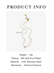 Detail info showing 316L stainless steel heart pendant with 18K gold PVD coating