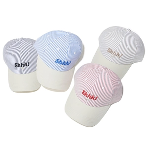 Striped Shhh! embroidered baseball caps in blue, grey, brown, and pink colorways