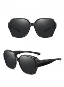 Front and 45-degree side views of glossy black square polarized fit-over sunglasses