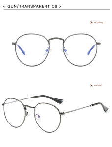 Detail view of gunmetal round metal frame glasses with anti-blue light coating