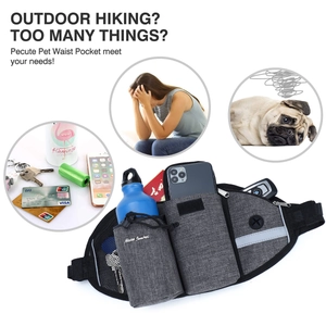Outdoor pet waist bag detail showing multiple pockets and headphone jack for dog running