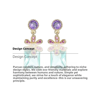 Detail of floral earring featuring purple round stone and light blue rectangular crystal
