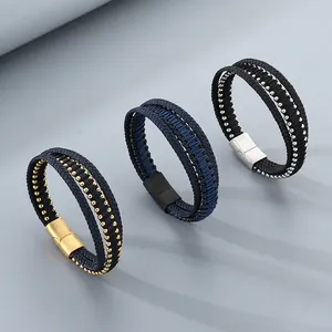 Men Multi-layer Woven Genuine Leather Bracelet With Stainless Steel Beads Magnetic Clasp Retro Punk Style Fashion Jewelry