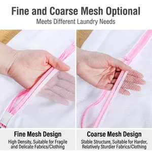 Thickened laundry bags with pink zippers showing coarse and fine mesh contrast