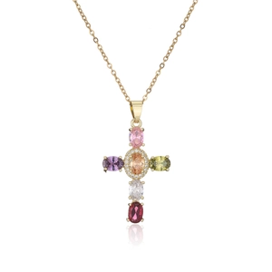Macro view of gold-plated cross pendant featuring six colorful oval zircons with halo