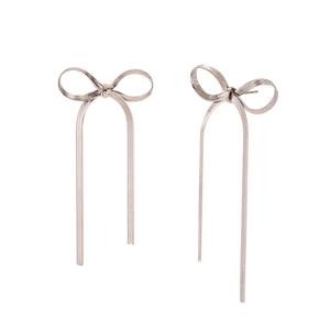Elegant silver bow knot drop earrings with long blade chain tassels in stainless steel
