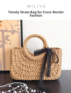 Detail view of straw handbag with woven texture and a decorative black lace bow