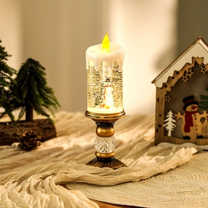 Detailed view of a Christmas water-filled candle with a snowman inside and LED flame.