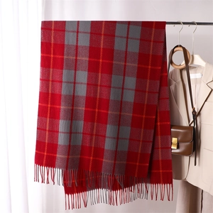 Detailed close-up of soft cashmere plaid scarf with fringe on a metallic hanger