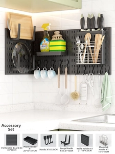Dark grey kitchen pegboard organizer set with shelves, hooks, and utensil holders
