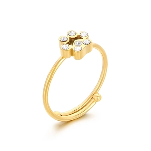 Adjustable golden flower ring for women with sparkling crystal stones and open band