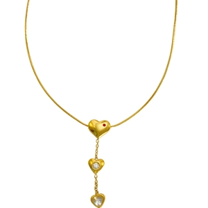 Gold stainless steel necklace with red heart accent and triple crystal pendants