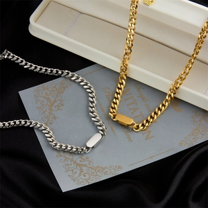 Heavy duty gold and silver Cuban link chain necklaces with smooth rectangular metal plates