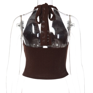 Detail view of brown glitter halter top showing the lace-up open back design
