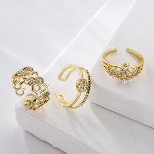 Geometric Hollow Adjustable Ring 18K Gold Plated Copper Colorful Zircon Double Layer Star Flower Chic Jewelry For Women