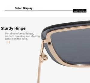 Close-up of reinforced metal hinges on oversized sunglasses with gold frames