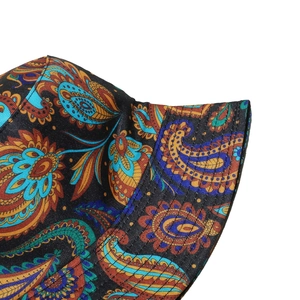 Close-up of paisley pattern bucket hat with detailed bohemian print and stitching