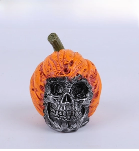 Close-up of realistic pumpkin skull decoration with detailed texture and gothic style