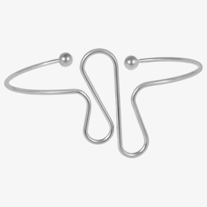 Detailed view of silver stainless steel adjustable open bangle with wave design and spherical ends