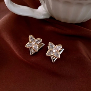 Flower Stud Earrings Copper With Zircon And Silver Earring Post Two Tone Geometric Elegant Luxury Jewelry For Women