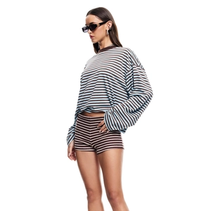 Detail view of women's brown and light blue striped long sleeve top with matching shorts