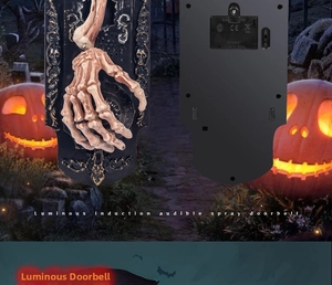 Detail of Halloween ghost doorbell showing spray effect, light-up skull hand, and battery back
