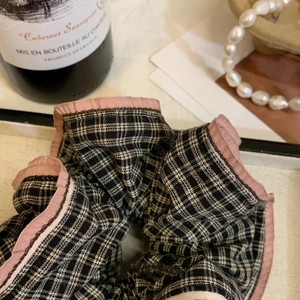 Vintage yellow and black plaid scrunchie with pink ruffle trim in a premium setting