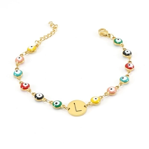 Golden stainless steel bracelet with colorful Evil Eye charms and letter L pendant