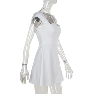 Side view of white sleeveless A-line mini dress with square neckline on mannequin