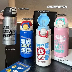 316 Stainless Steel Vacuum Flask Cute Cartoon Insulated Water Bottle With Straw Double Drinking Lid For School Office Travel