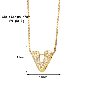 Detail view of gold letter V necklace showing 11mm pendant size and 47cm chain length