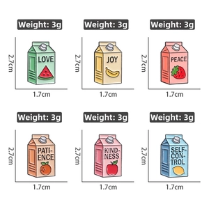 Set of 6 fruit milk carton enamel pins with weight and size specifications info