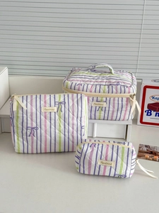 Quilted Cotton Makeup Bag Striped Purple Bow Travel Toiletry Organizer Pouch Portable Aesthetic Women Accessory