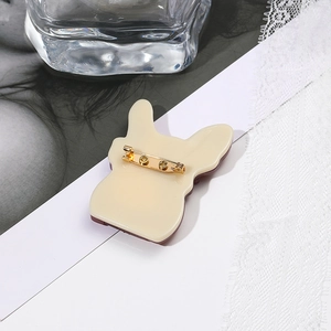 Macro shot of French Bulldog acrylic brooch with gold pin back on lifestyle magazine
