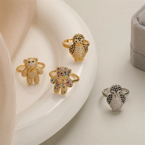 Luxurious gold and silver animal rings with micro-pave zircon bear and penguin designs