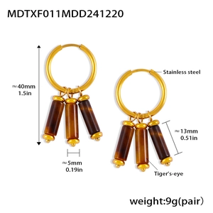 Detail showing dimension and height of stainless steel earrings with tiger's eye pendants