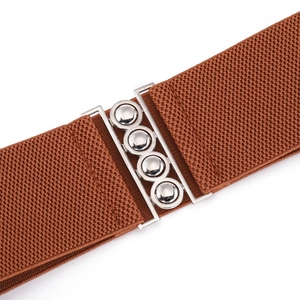 Women's 6cm wide elastic brown waist belt with silver metal buckle and rivet accents