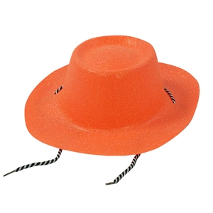 Funkelnder orangefarbener Glitzer-Cowboyhut für Karnevalspartys mit gestreiftem Band