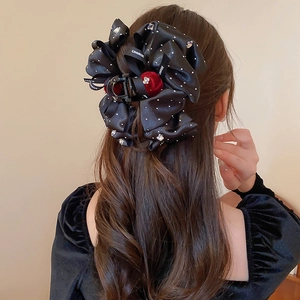 Elegant Large Hair Claw Clip Black Satin Bow With Red Velvet Rose Rhinestone Butterfly And Letter Ribbon For Women