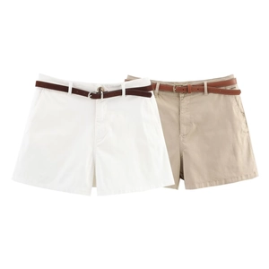 Women's casual cotton twill shorts in white and khaki with slim leather belts