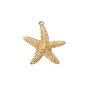 Detailed view of a golden starfish pendant with textured surface and top loop