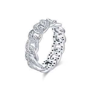Punk style S925 sterling silver chain ring with pavé sparkling diamonds on white background
