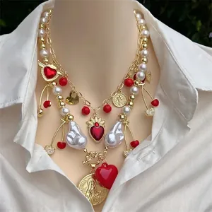 Copper 18K Gold Plated Multilayer Necklace Cubic Zirconia Imitation Artificial Pearl Red Heart Cherry Pendants Retro Sweet Jewelry