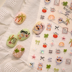 Cute cartoon clover and cat nail art stickers in pastel colors for girls and women