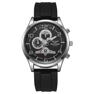 Men's fashion quartz watch with black silicone strap and multi-dial calendar display
