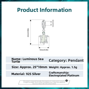 Luminous sea turtle pendant in 925 silver with platinum plating and dimensions detail