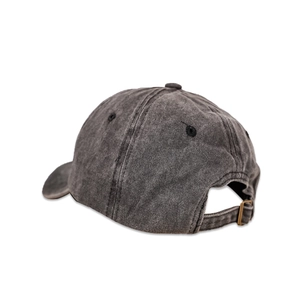 Detail view of washed cotton baseball cap with adjustable antique brass buckle and eyelets