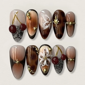 Retro Amber Press On Nails With 3D Cherry And Flower Designs Black Lace French Style Long Almond Artificial False Nails