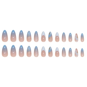 Ocean blue and pink gradient press-on nails with 3D shell texture and gold foil accents